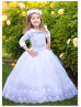 Roll Bateau Collar White Lace Tulle Vintage Flower Girl Dress
